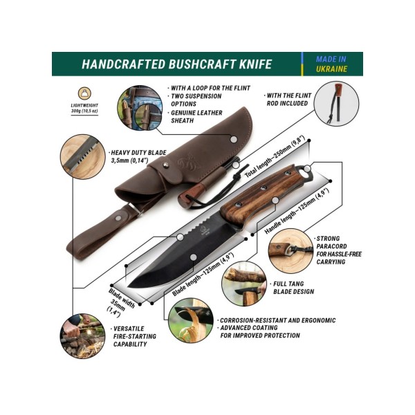 Nůž outdoorový s pevnou čepelí BEAVERCRAFT BSH4 Dusk Bushcraft 125mm s křesadlem - orechové dřevo