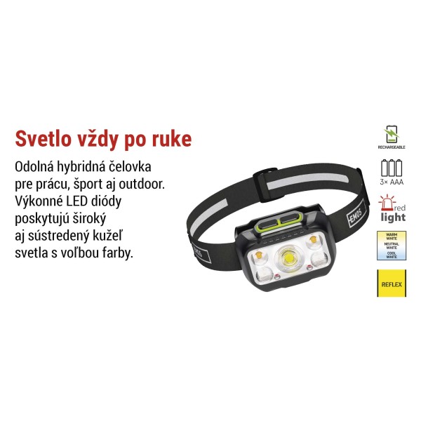 Svítilna čelová EMOS LED P3546 550lm Li-Pol 100mAh nabíjecí - černá