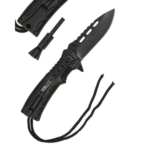 Nůž zavírací taktický MIL-TEC Black One Hand Knife Paracord s křesadlem - černý
