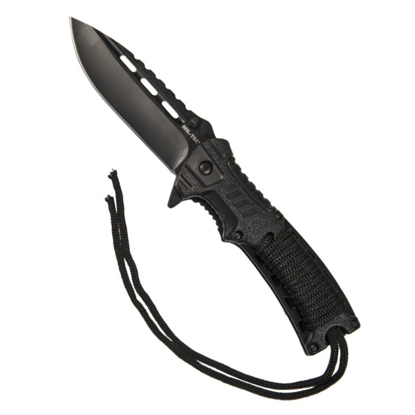 Nůž zavírací taktický MIL-TEC Black One Hand Knife Paracord s křesadlem - černý